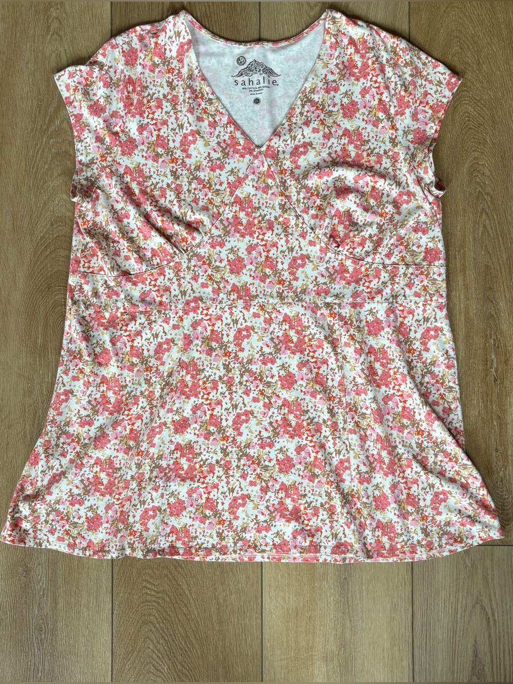 Sahalie Boho Spring Pink Floral V-Neck Cap Sleeve Tunic 2X